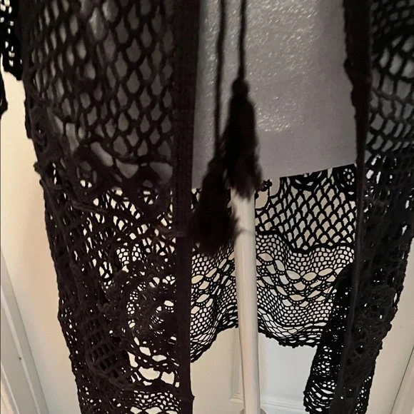 Women’s Black Crochet Knit Open Front Tunic Sz Large - Picture 6 of 9